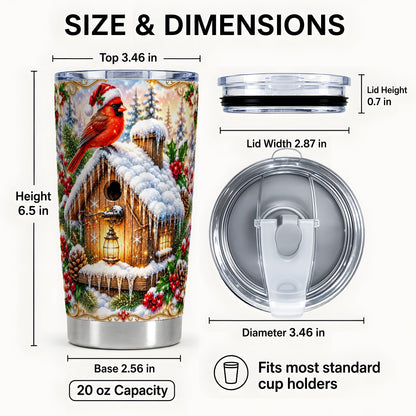 #pl[20oz|Steel] Christmas Cardinal Tumbler 20oz, Snowy Birdhouse Stainless Steel Travel Cup