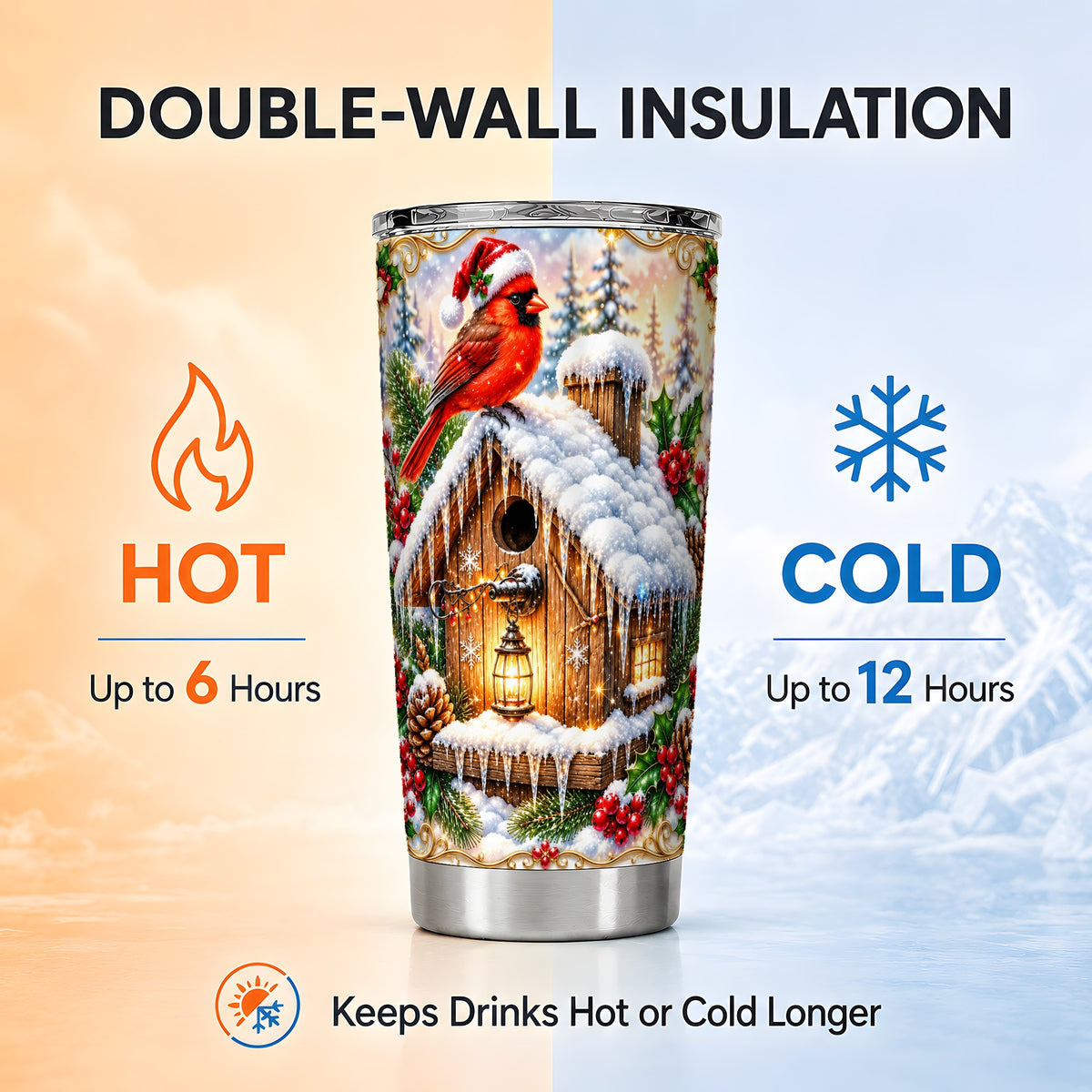 Christmas Cardinal Tumbler 20oz, Snowy Birdhouse Stainless Steel Travel Cup