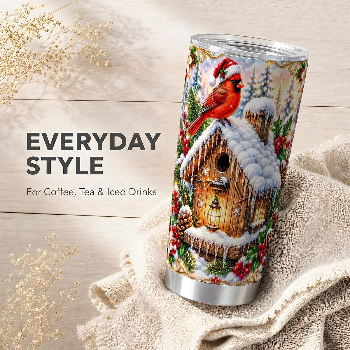 Christmas Cardinal Tumbler 20oz, Snowy Birdhouse Stainless Steel Travel Cup