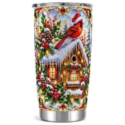 Christmas Cardinal Tumbler 20oz, Snowy Cottage Stainless Steel Travel Cup