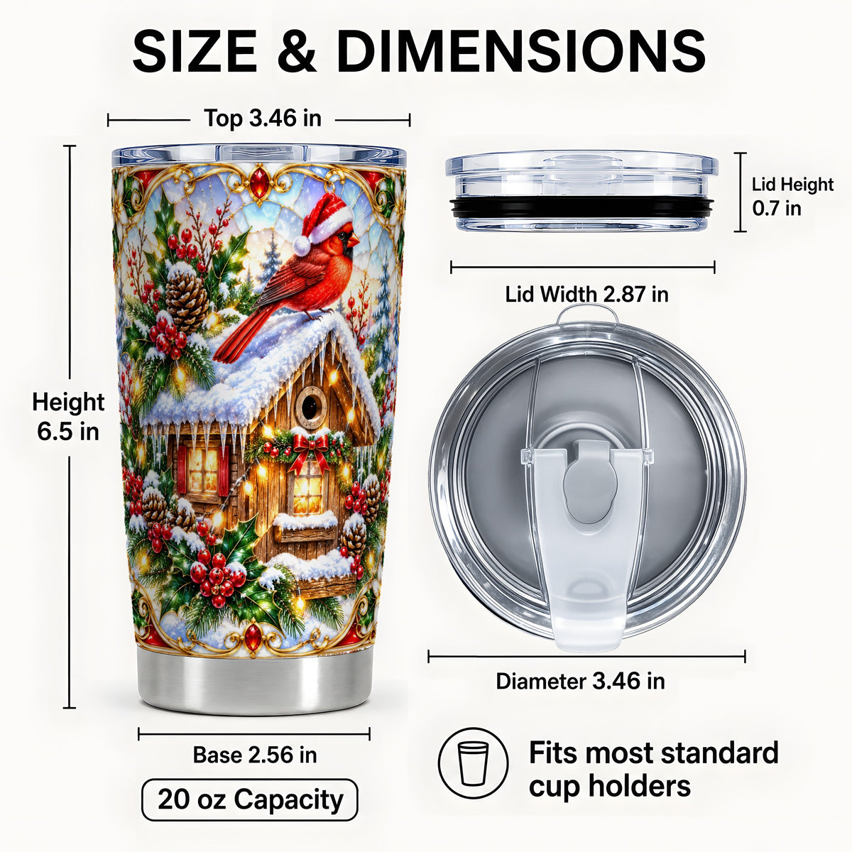 #pl[20oz|Steel] Christmas Cardinal Tumbler 20oz, Snowy Cottage Stainless Steel Travel Cup