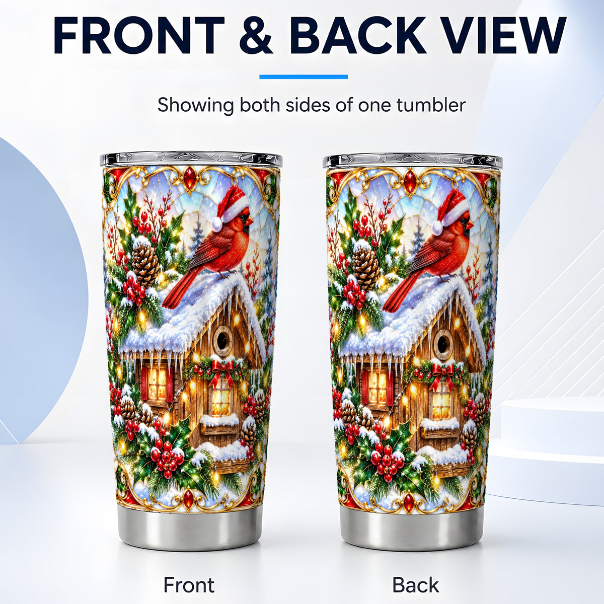 #pl[20oz|Steel] Christmas Cardinal Tumbler 20oz, Snowy Cottage Stainless Steel Travel Cup