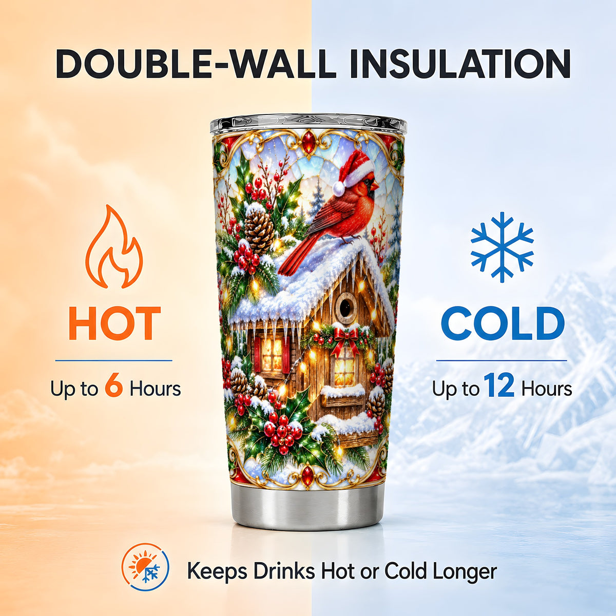 Christmas Cardinal Tumbler 20oz, Snowy Cottage Stainless Steel Travel Cup
