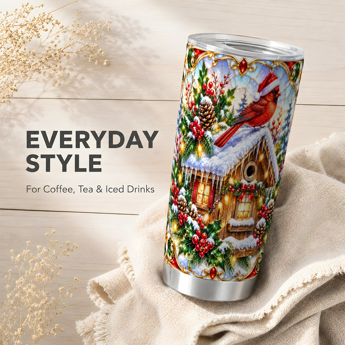 Christmas Cardinal Tumbler 20oz, Snowy Cottage Stainless Steel Travel Cup