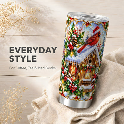 Christmas Cardinal Tumbler 20oz, Snowy Cottage Stainless Steel Travel Cup