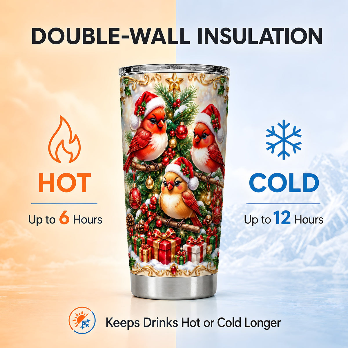 Christmas Cardinal Tumbler 20oz, Holiday Bird Stainless Steel Travel Cup