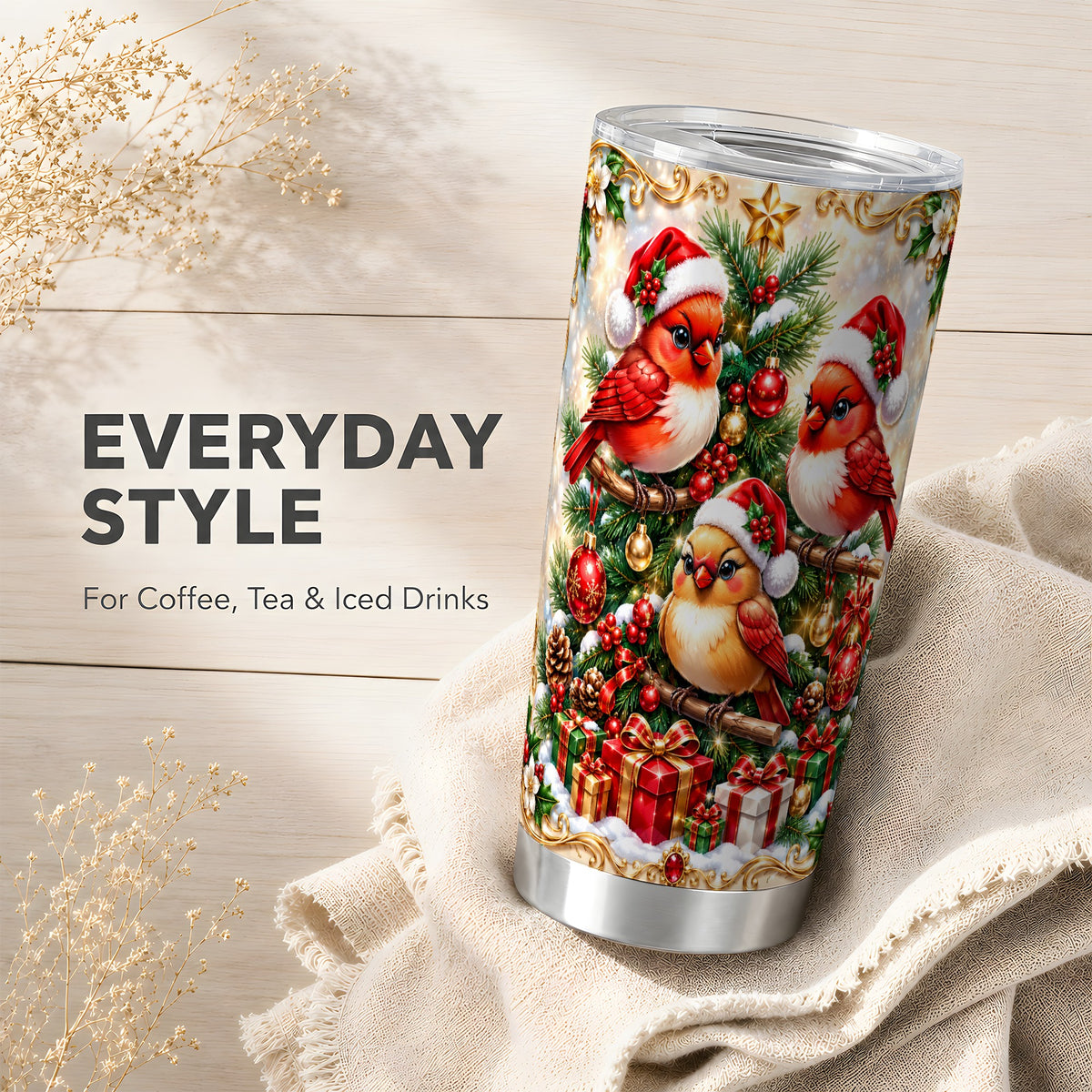 Christmas Cardinal Tumbler 20oz, Holiday Bird Stainless Steel Travel Cup