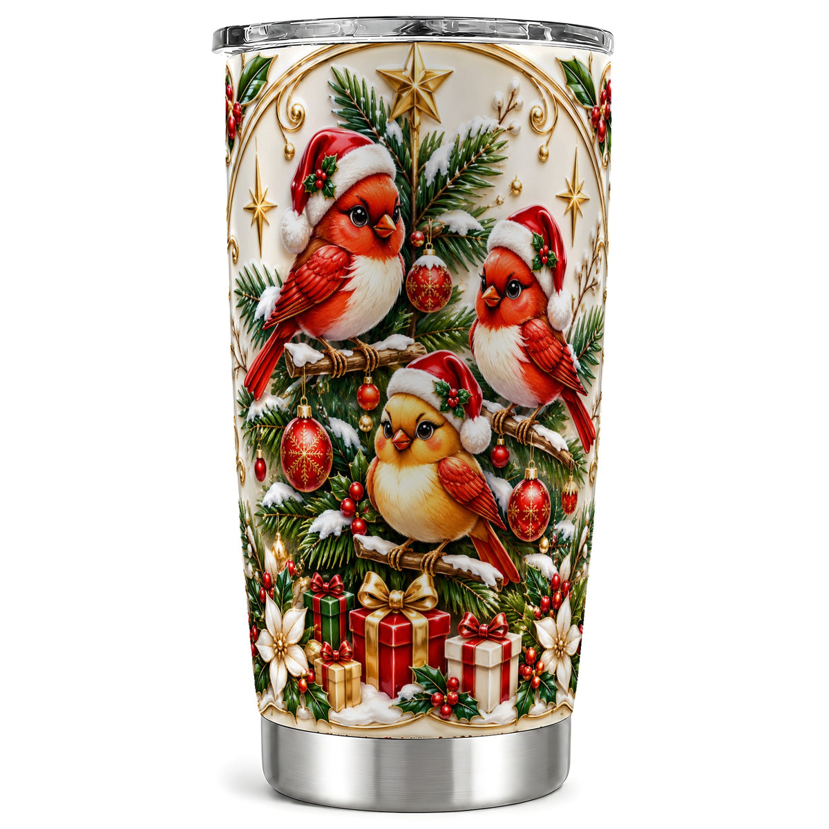 Christmas Cardinal Tumbler 20oz, Holiday Bird Stainless Steel Travel Cup