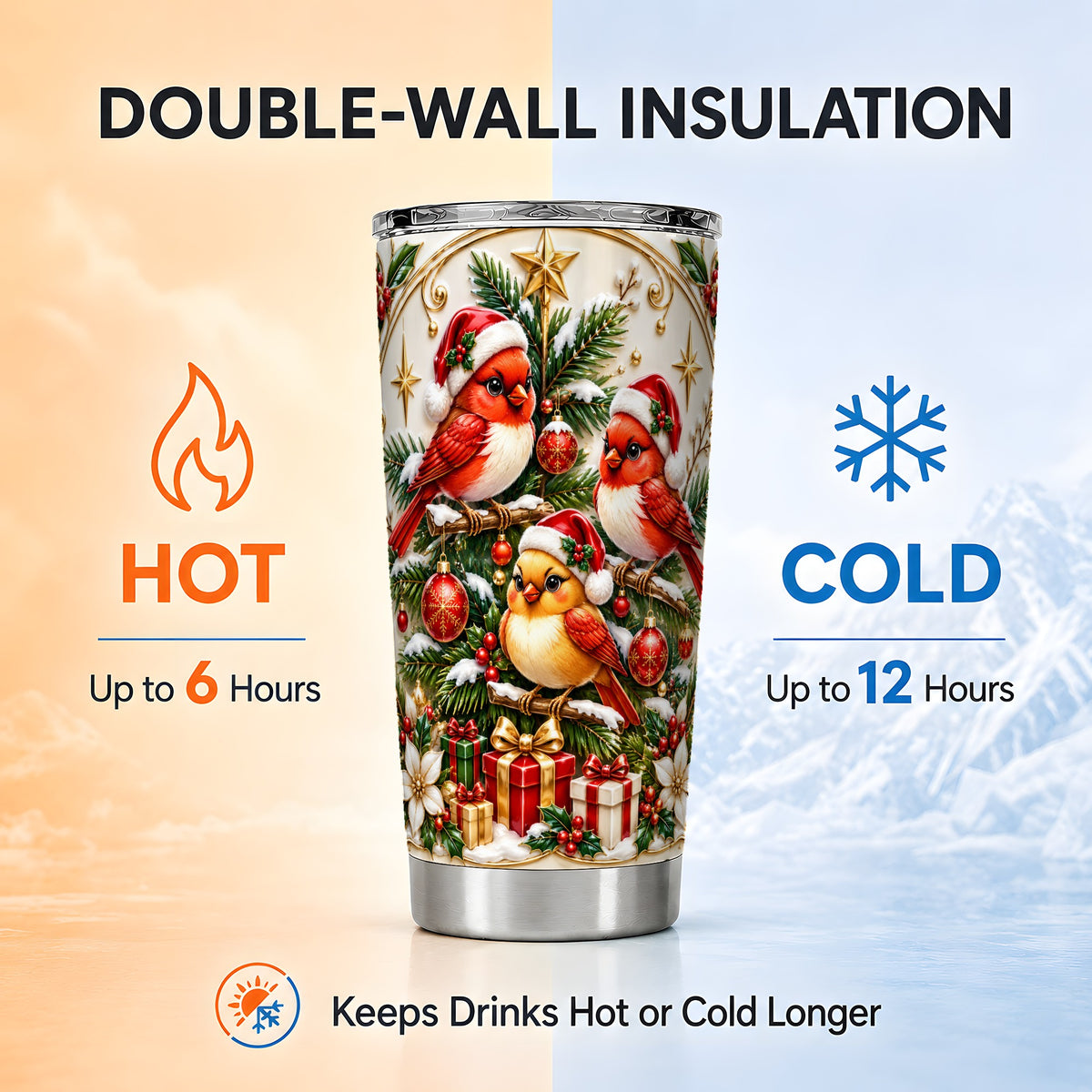 Christmas Cardinal Tumbler 20oz, Holiday Bird Stainless Steel Travel Cup
