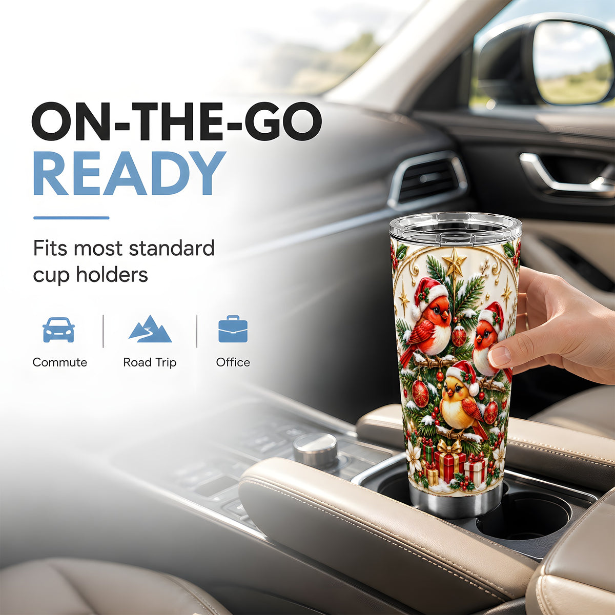 Christmas Cardinal Tumbler 20oz, Holiday Bird Stainless Steel Travel Cup
