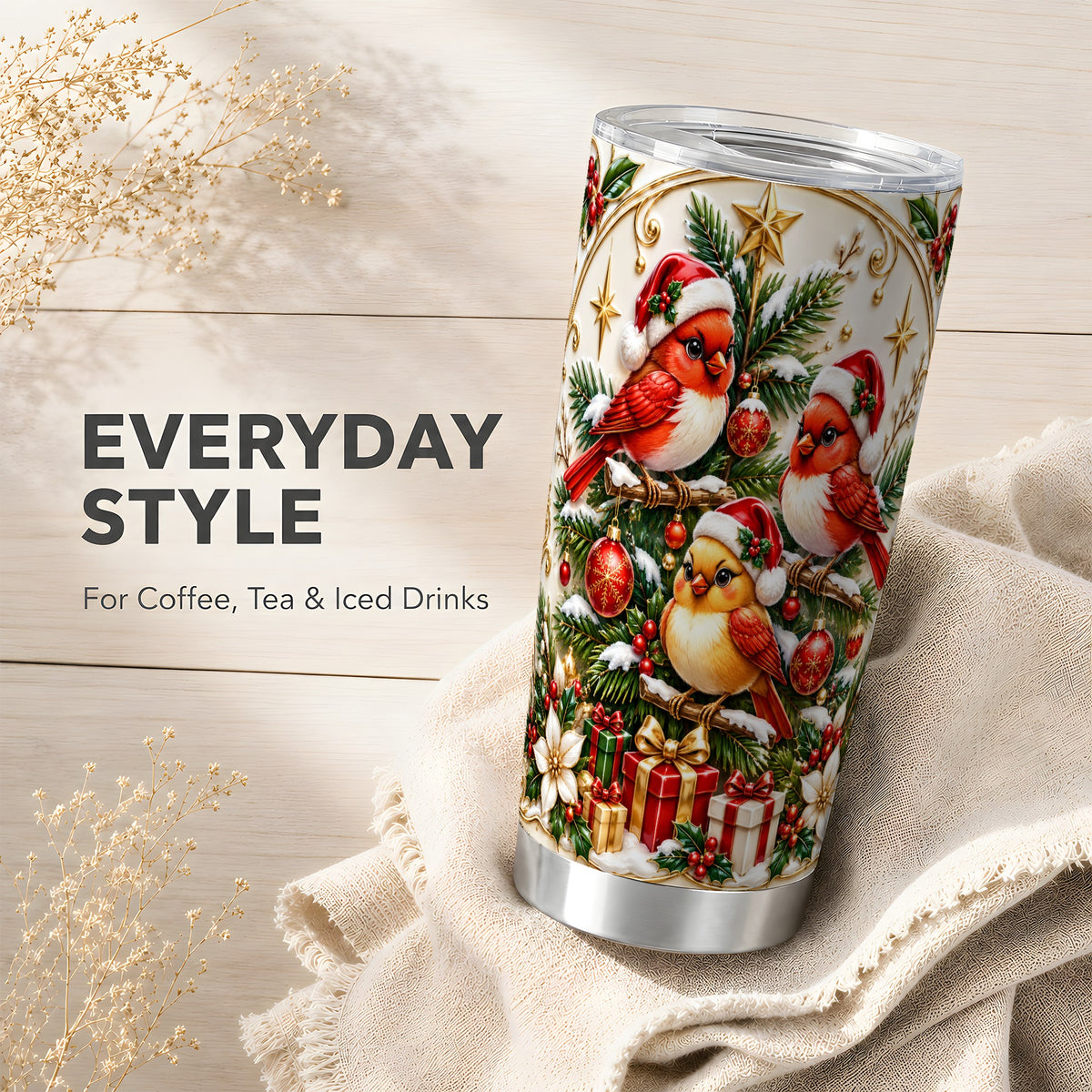 Christmas Cardinal Tumbler 20oz, Holiday Bird Stainless Steel Travel Cup