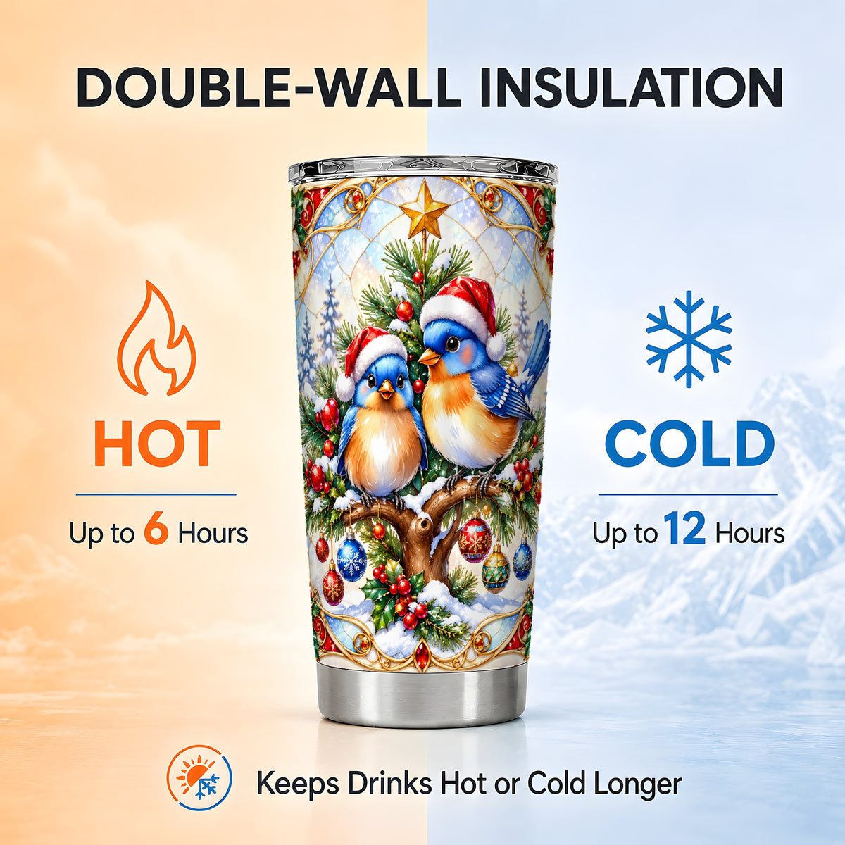 Christmas Bluebird Tumbler 20oz, Winter Bird Stainless Steel Travel Cup