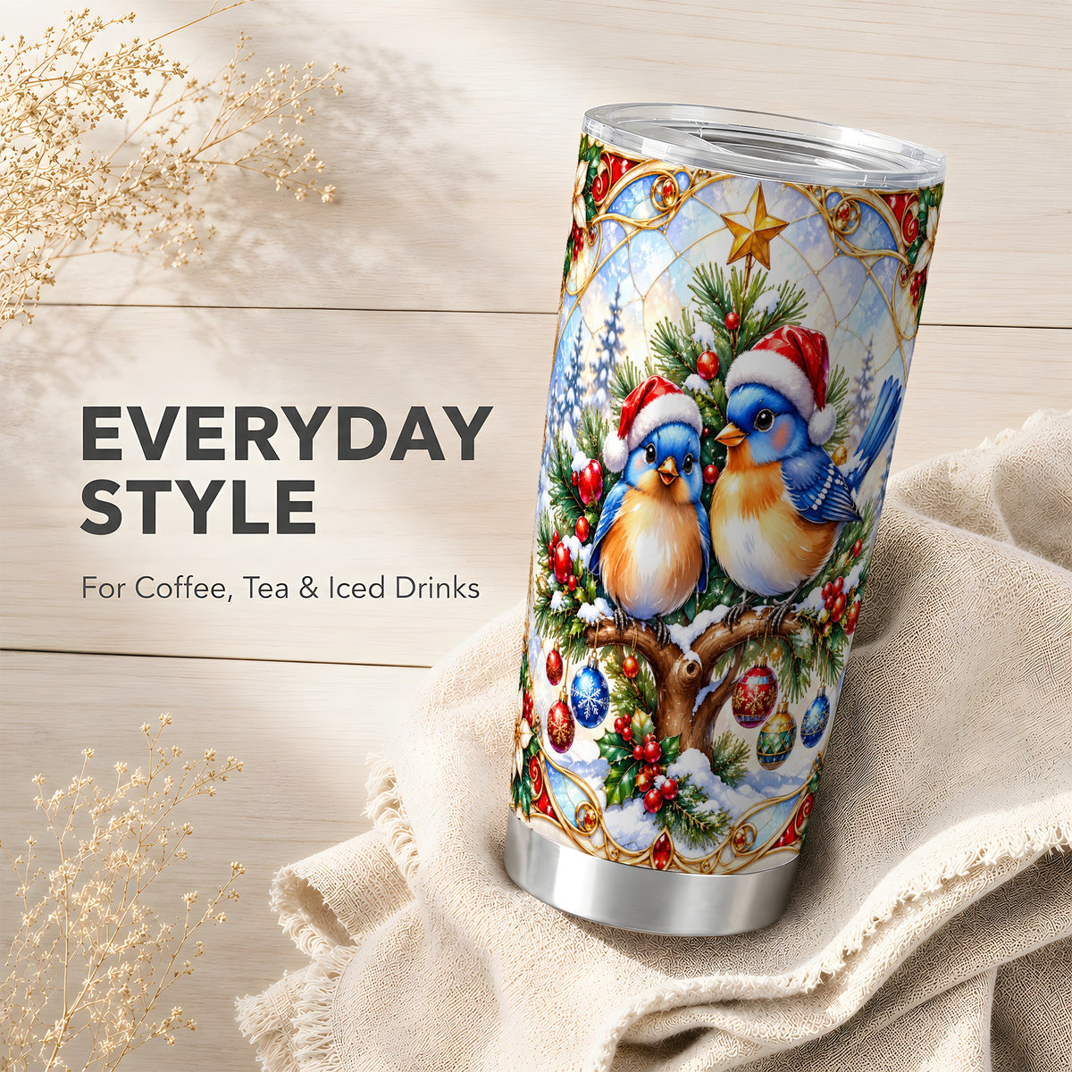 Christmas Bluebird Tumbler 20oz, Winter Bird Stainless Steel Travel Cup