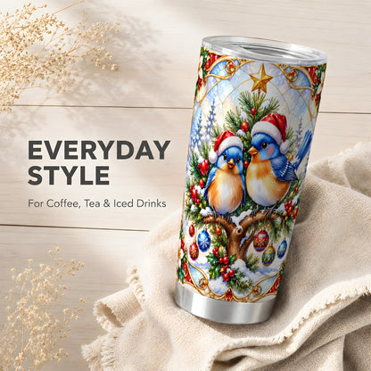 Christmas Bluebird Tumbler 20oz, Winter Bird Stainless Steel Travel Cup