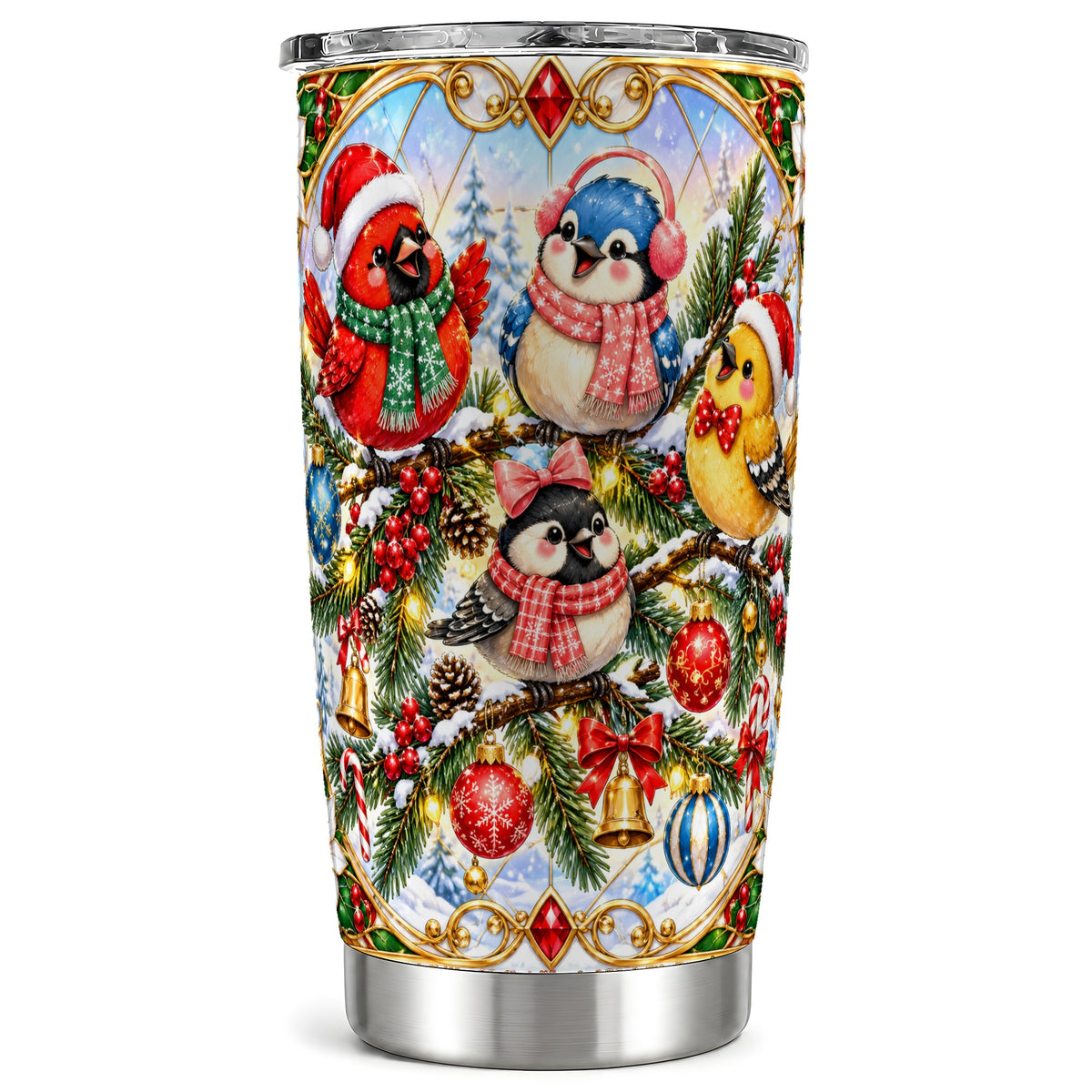 Christmas Winter Birds Tumbler 20oz, Festive Stainless Steel Travel Cup