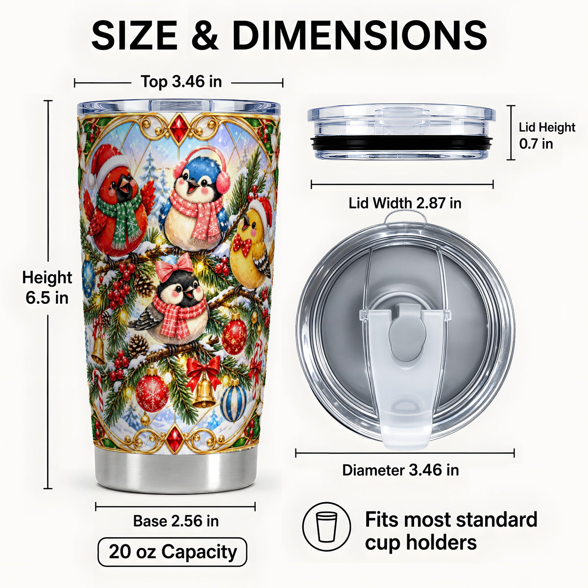 #pl[20oz|Steel] Christmas Winter Birds Tumbler 20oz, Festive Stainless Steel Travel Cup