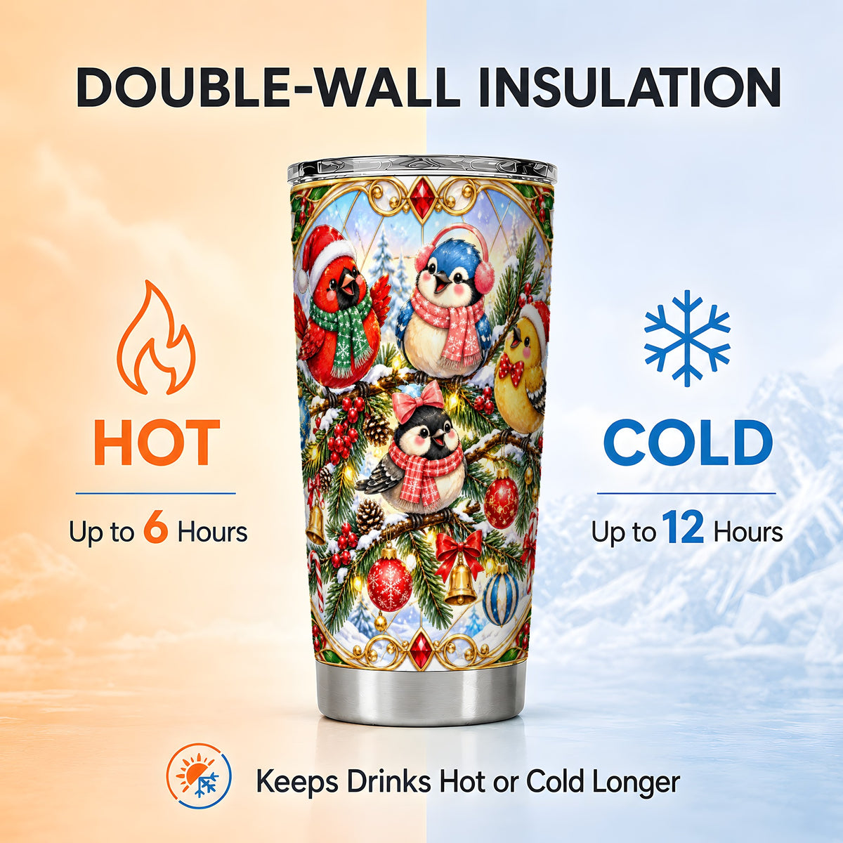 Christmas Winter Birds Tumbler 20oz, Festive Stainless Steel Travel Cup