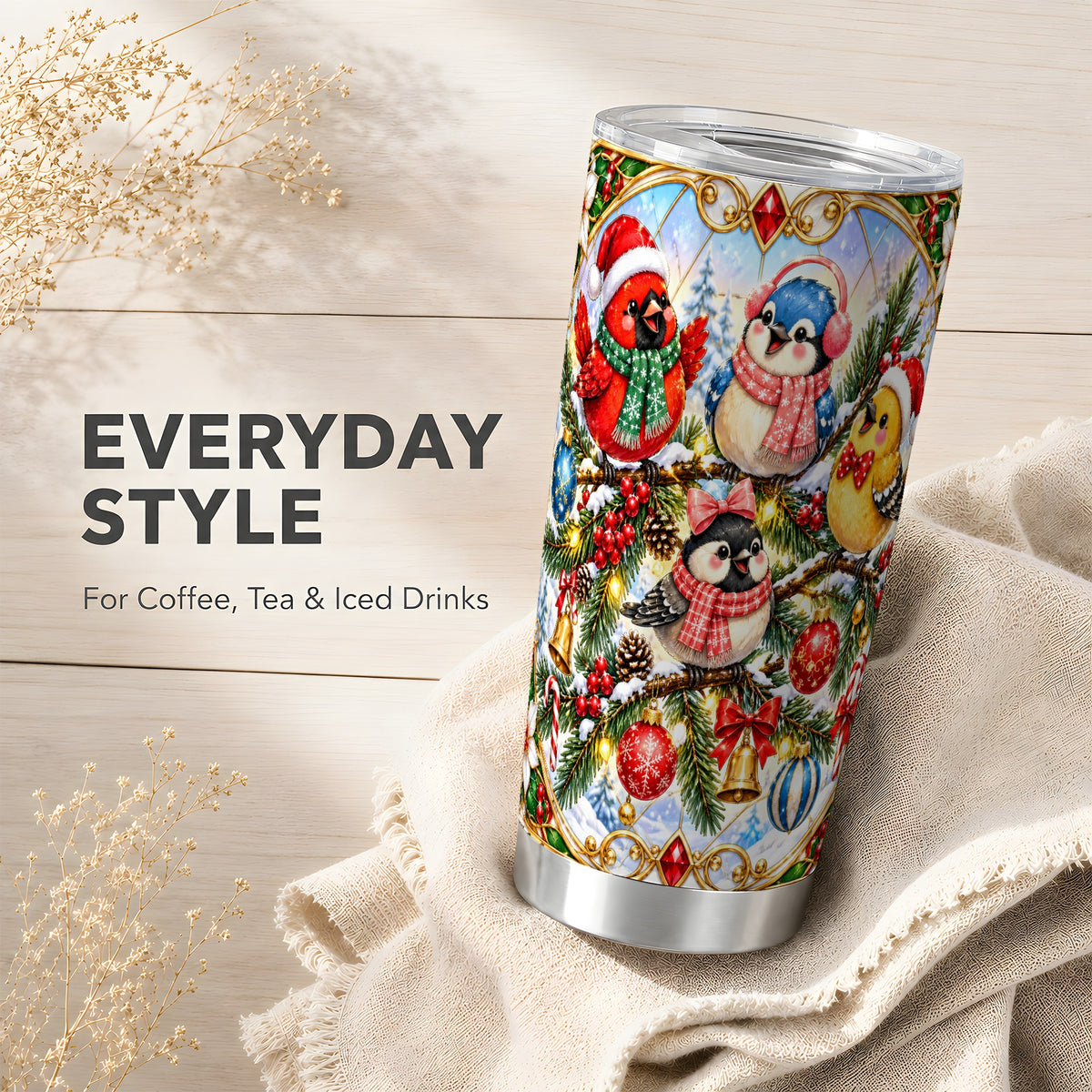 Christmas Winter Birds Tumbler 20oz, Festive Stainless Steel Travel Cup