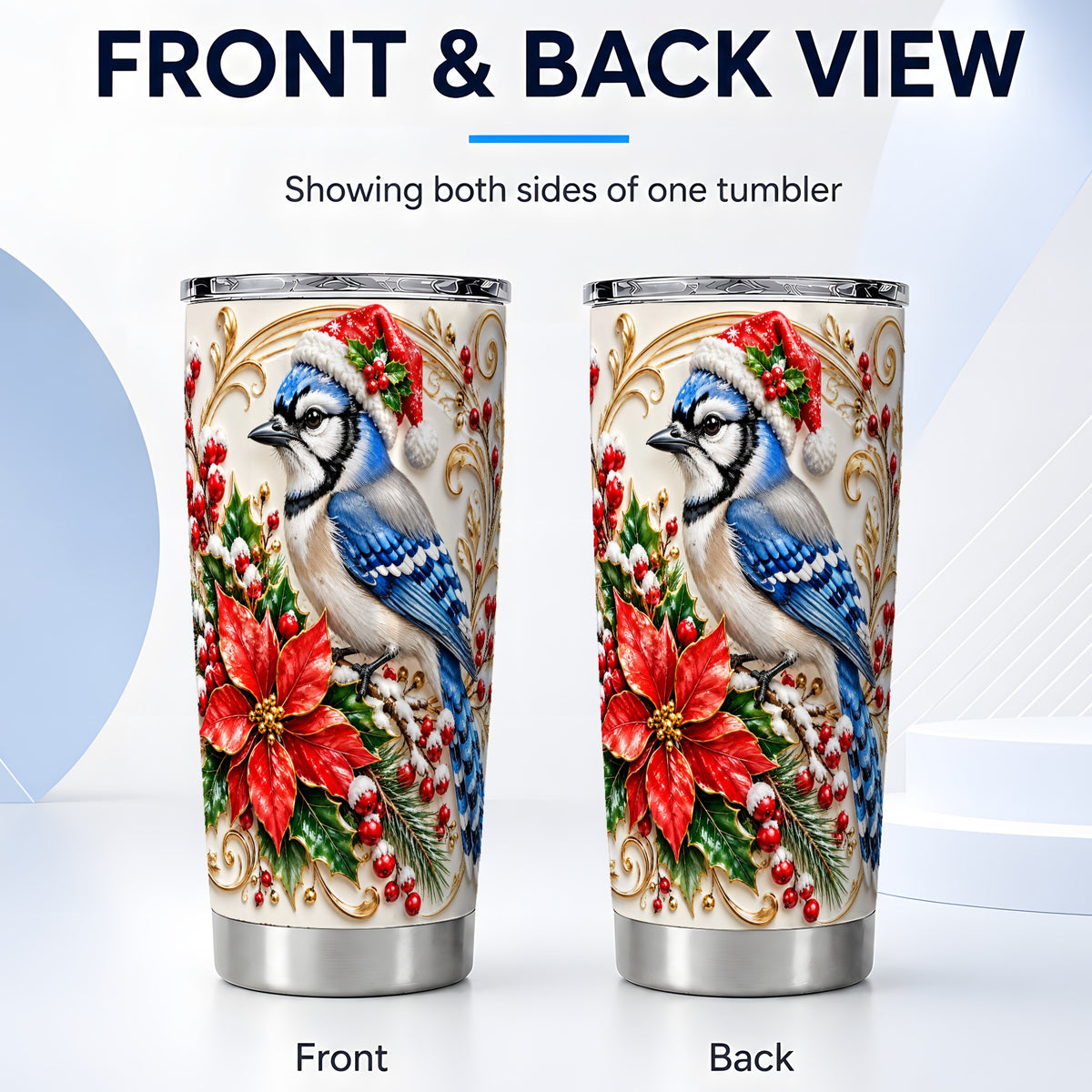#pl[20oz|Steel] Christmas Blue Jay Tumbler 20oz, Winter Bird Stainless Steel Travel Cup