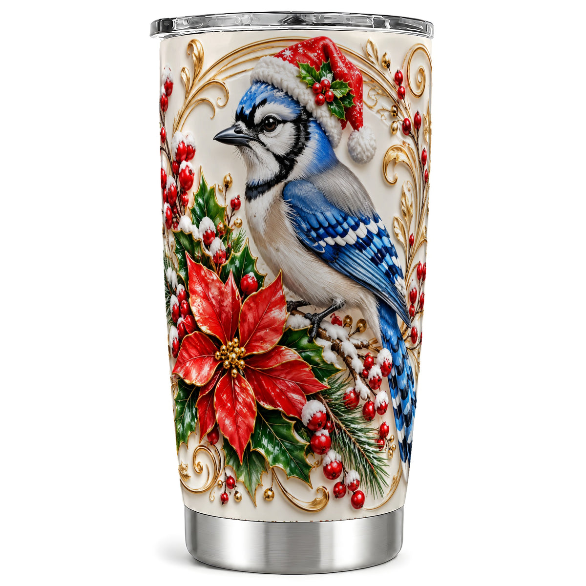 Christmas Blue Jay Tumbler 20oz, Winter Bird Stainless Steel Travel Cup