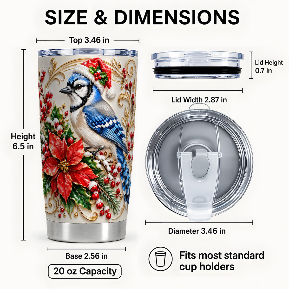 #pl[20oz|Steel] Christmas Blue Jay Tumbler 20oz, Winter Bird Stainless Steel Travel Cup