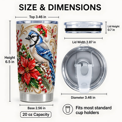 #pl[20oz|Steel] Christmas Blue Jay Tumbler 20oz, Winter Bird Stainless Steel Travel Cup
