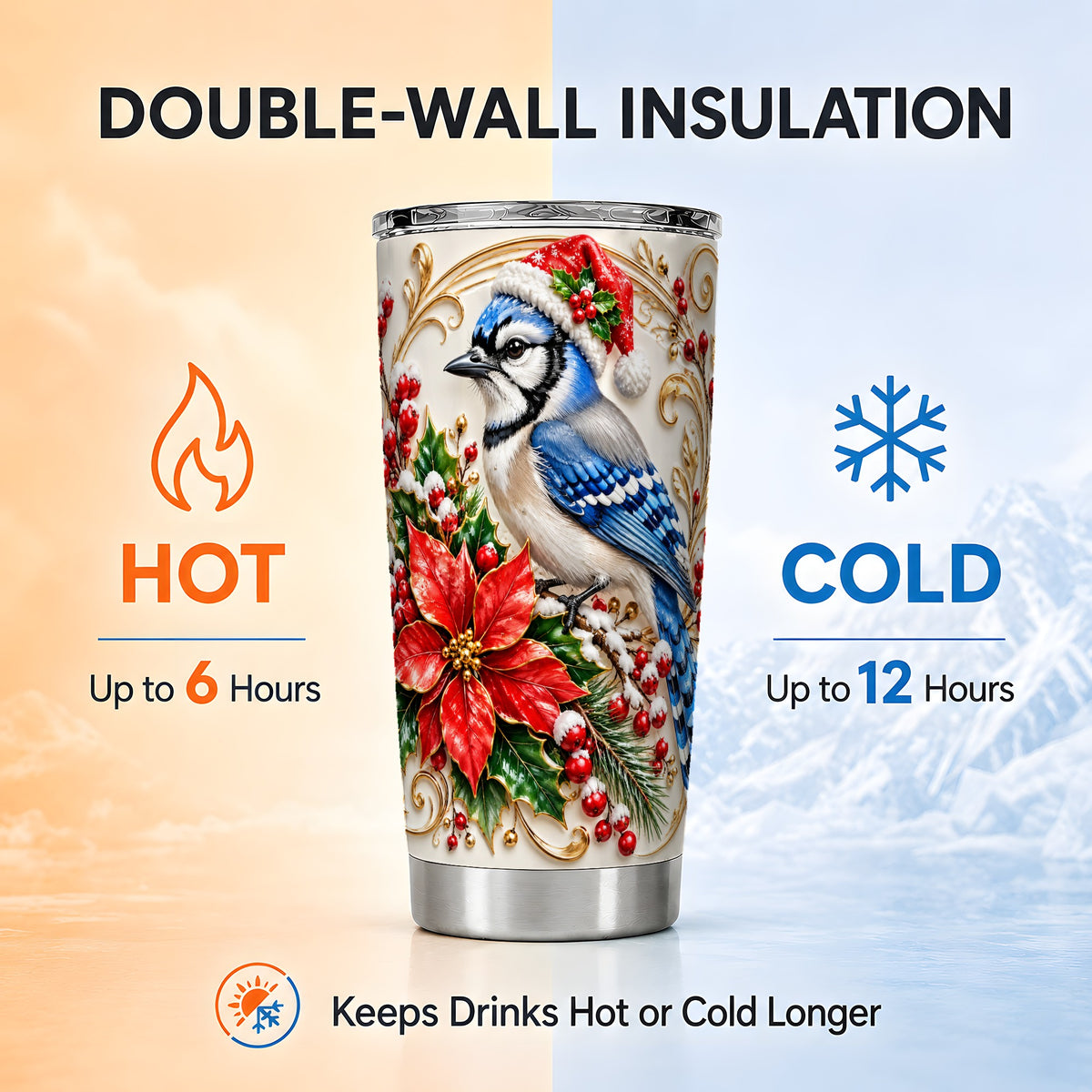 Christmas Blue Jay Tumbler 20oz, Winter Bird Stainless Steel Travel Cup