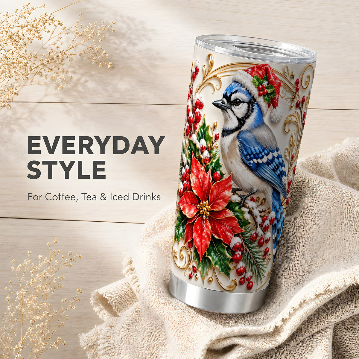 Christmas Blue Jay Tumbler 20oz, Winter Bird Stainless Steel Travel Cup