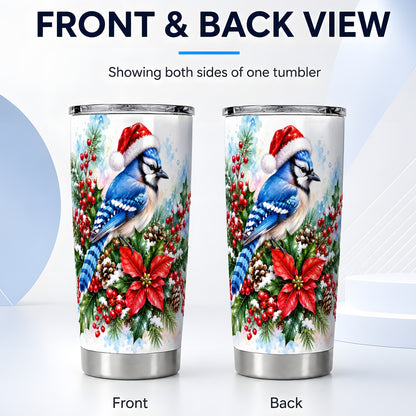 #pl[20oz|Steel] Watercolor Blue Jay Tumbler 20oz, Christmas Bird Stainless Steel Travel Cup