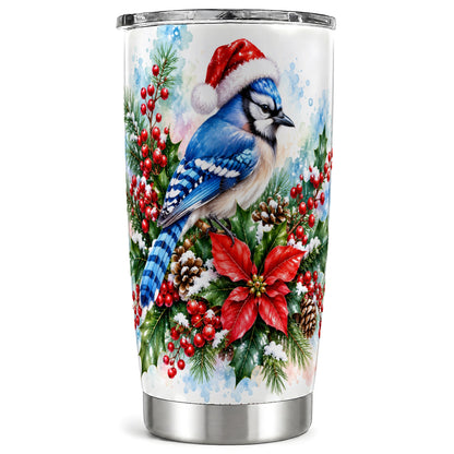 Watercolor Blue Jay Tumbler 20oz, Christmas Bird Stainless Steel Travel Cup