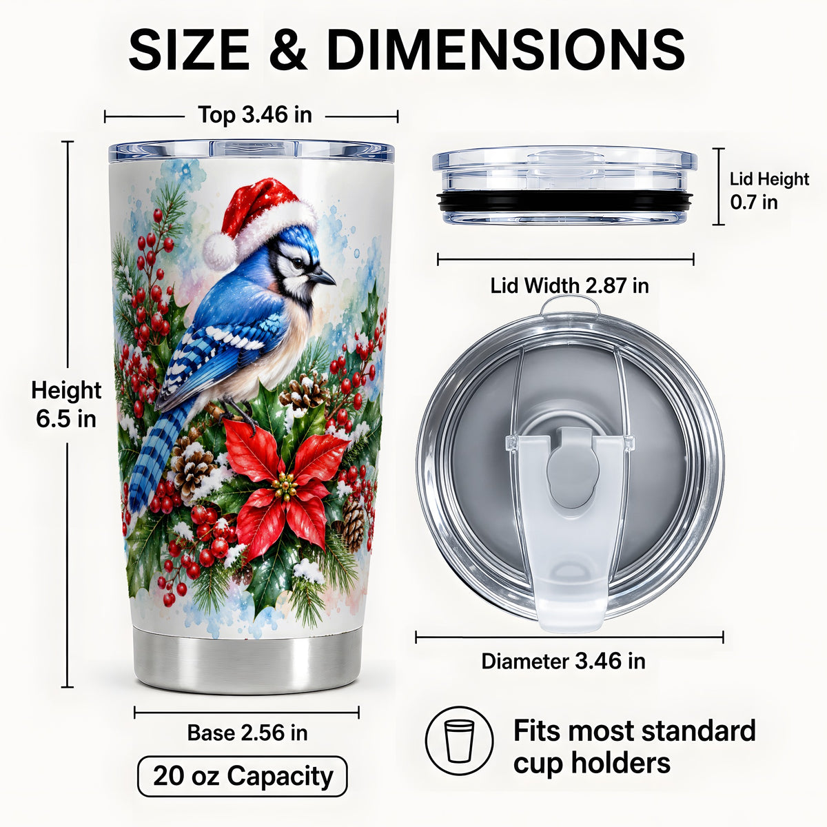 #pl[20oz|Steel] Watercolor Blue Jay Tumbler 20oz, Christmas Bird Stainless Steel Travel Cup