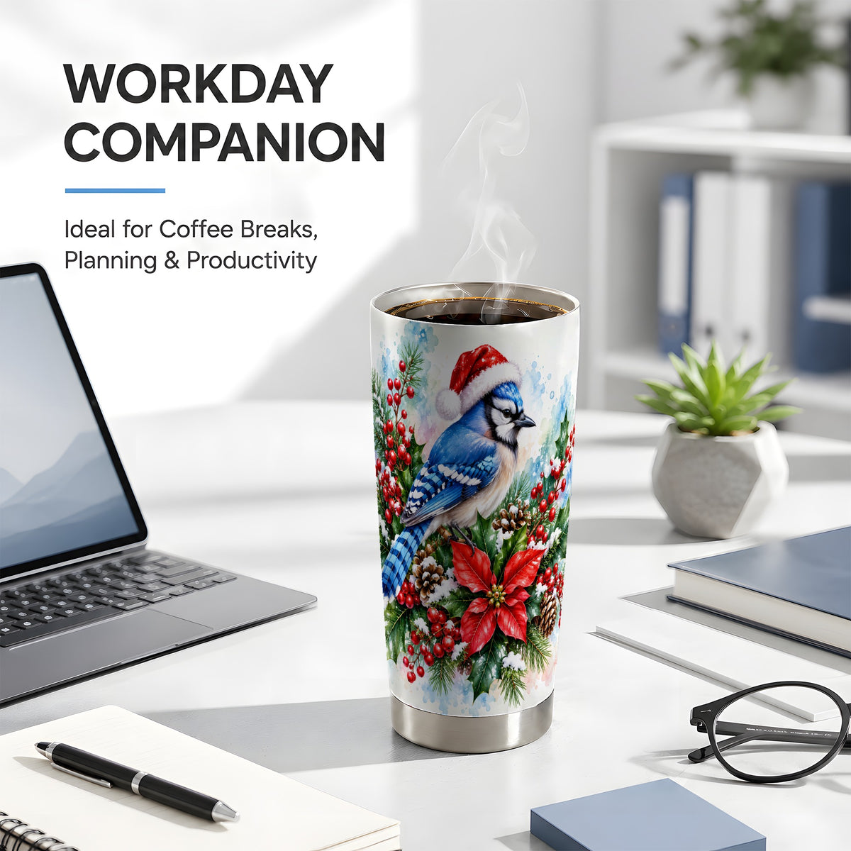 Watercolor Blue Jay Tumbler 20oz, Christmas Bird Stainless Steel Travel Cup