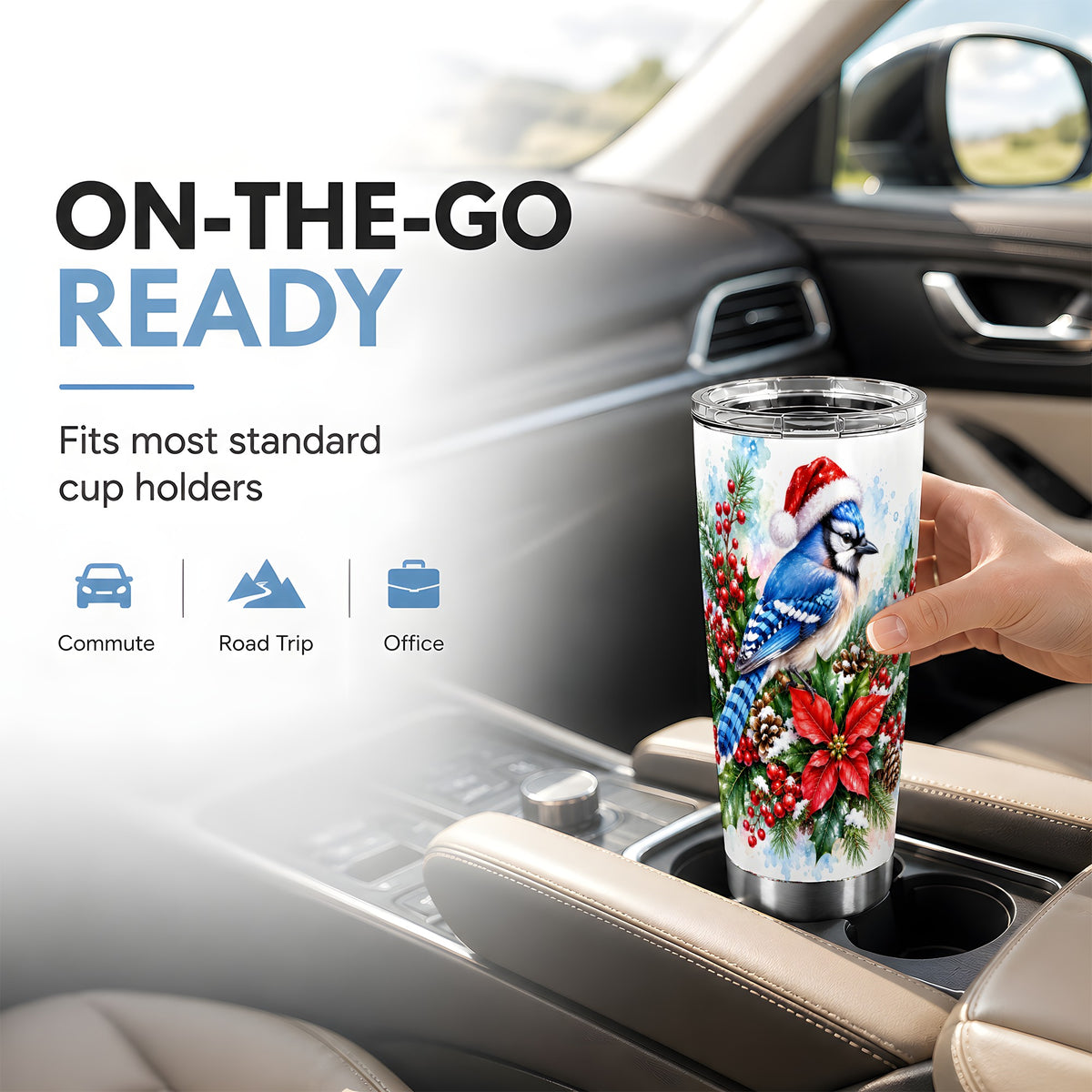 Watercolor Blue Jay Tumbler 20oz, Christmas Bird Stainless Steel Travel Cup