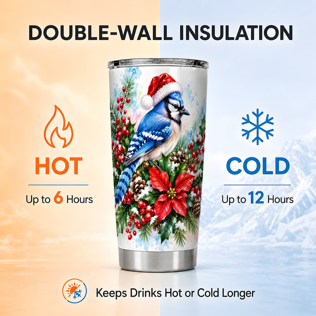 Watercolor Blue Jay Tumbler 20oz, Christmas Bird Stainless Steel Travel Cup