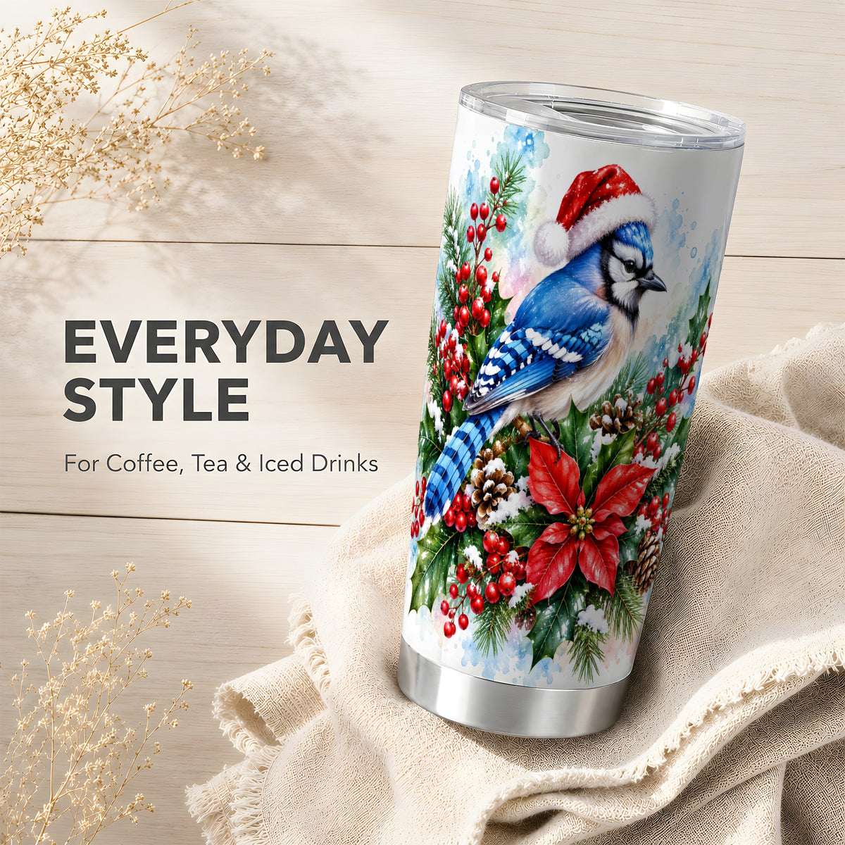 Watercolor Blue Jay Tumbler 20oz, Christmas Bird Stainless Steel Travel Cup
