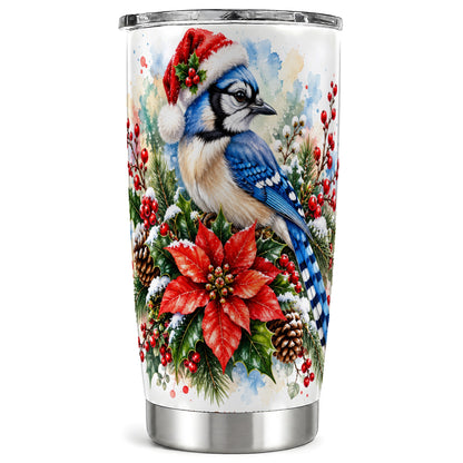Christmas Blue Jay Tumbler 20oz, Bird Tumbler, Stainless Steel Travel Cup