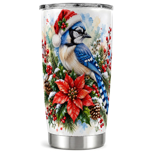 Christmas Blue Jay Tumbler 20oz, Bird Tumbler, Stainless Steel Travel Cup