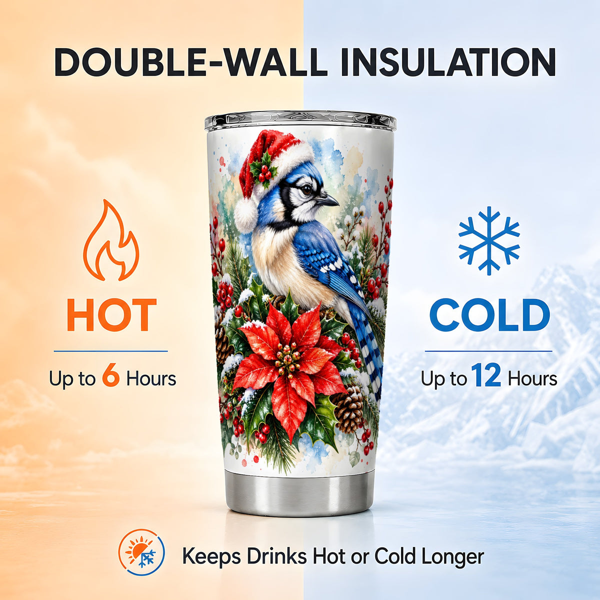 Christmas Blue Jay Tumbler 20oz, Bird Tumbler, Stainless Steel Travel Cup