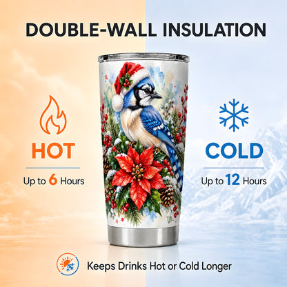 Christmas Blue Jay Tumbler 20oz, Bird Tumbler, Stainless Steel Travel Cup