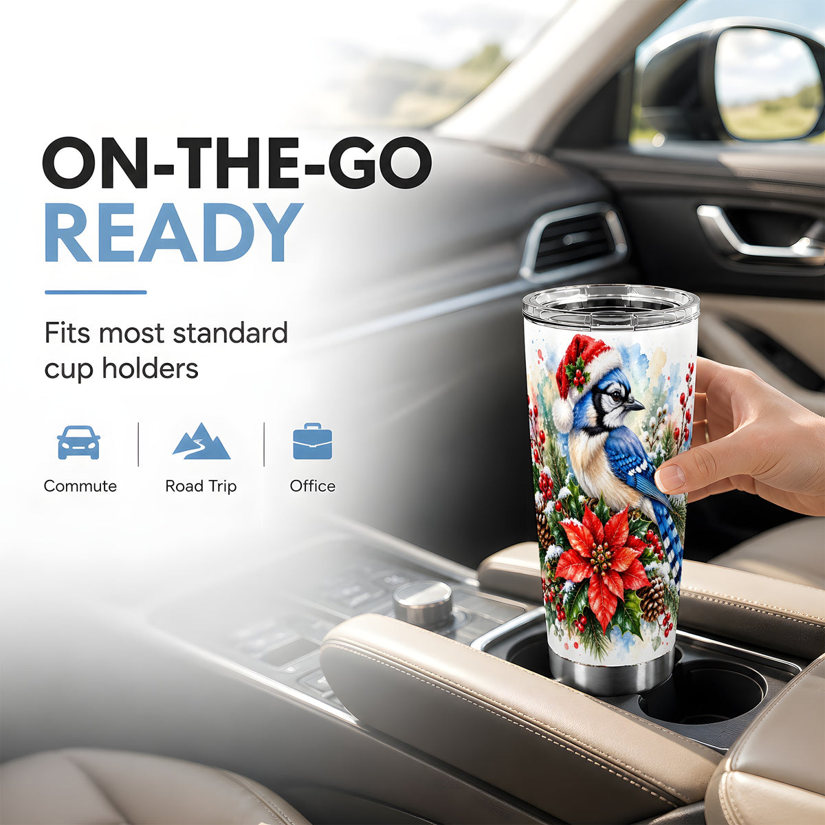 Christmas Blue Jay Tumbler 20oz, Bird Tumbler, Stainless Steel Travel Cup