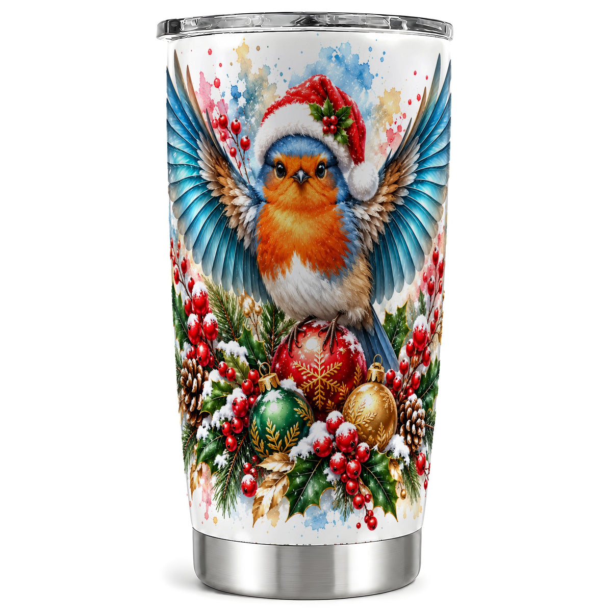 Christmas Robin Tumbler 20oz, Bird Tumbler, Stainless Steel Travel Cup