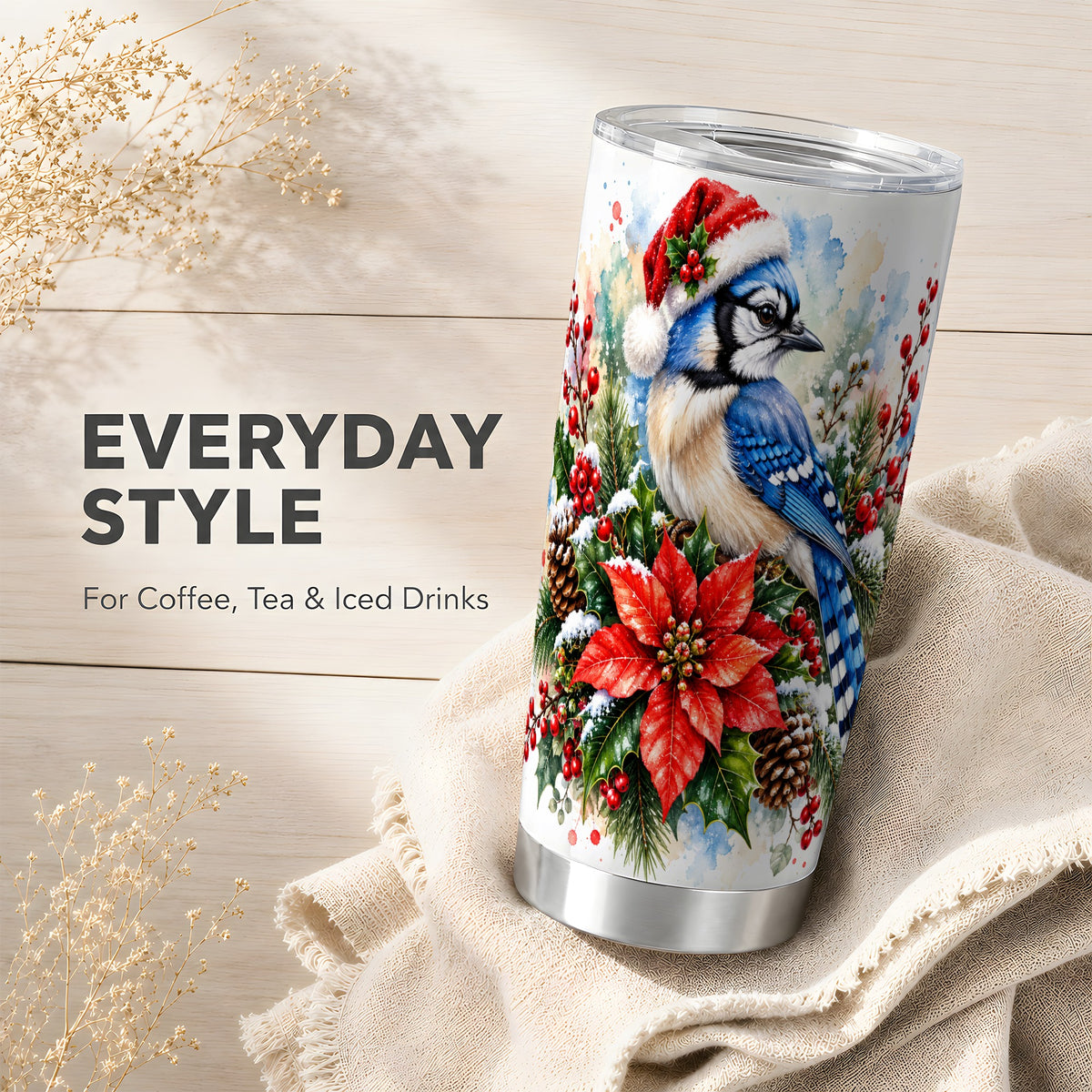 Christmas Blue Jay Tumbler 20oz, Bird Tumbler, Stainless Steel Travel Cup