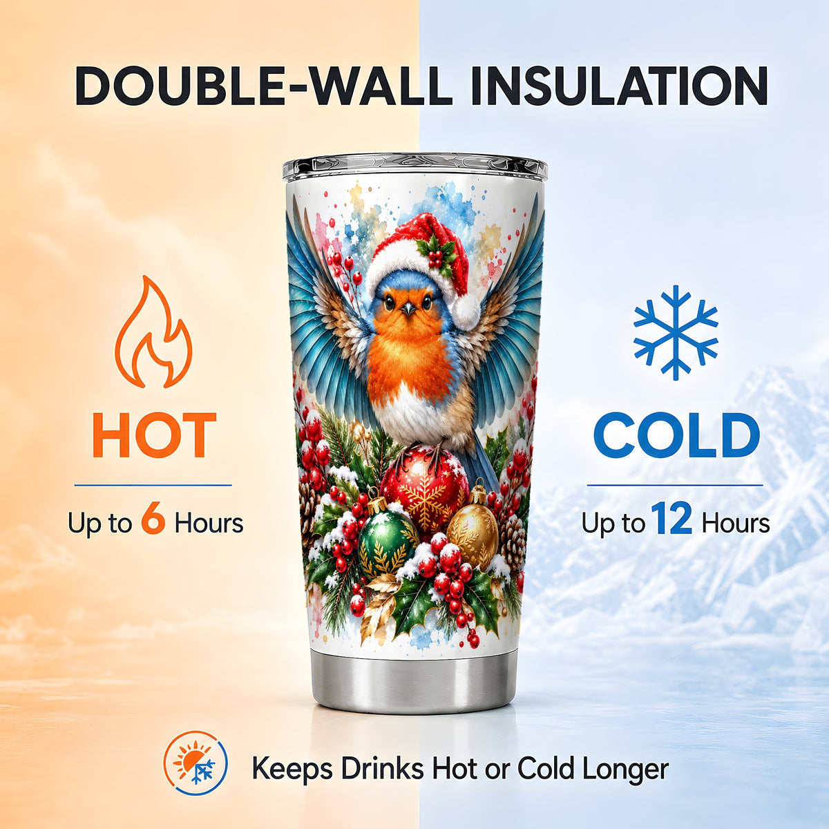 Christmas Robin Tumbler 20oz, Bird Tumbler, Stainless Steel Travel Cup