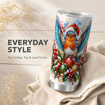 Christmas Robin Tumbler 20oz, Bird Tumbler, Stainless Steel Travel Cup