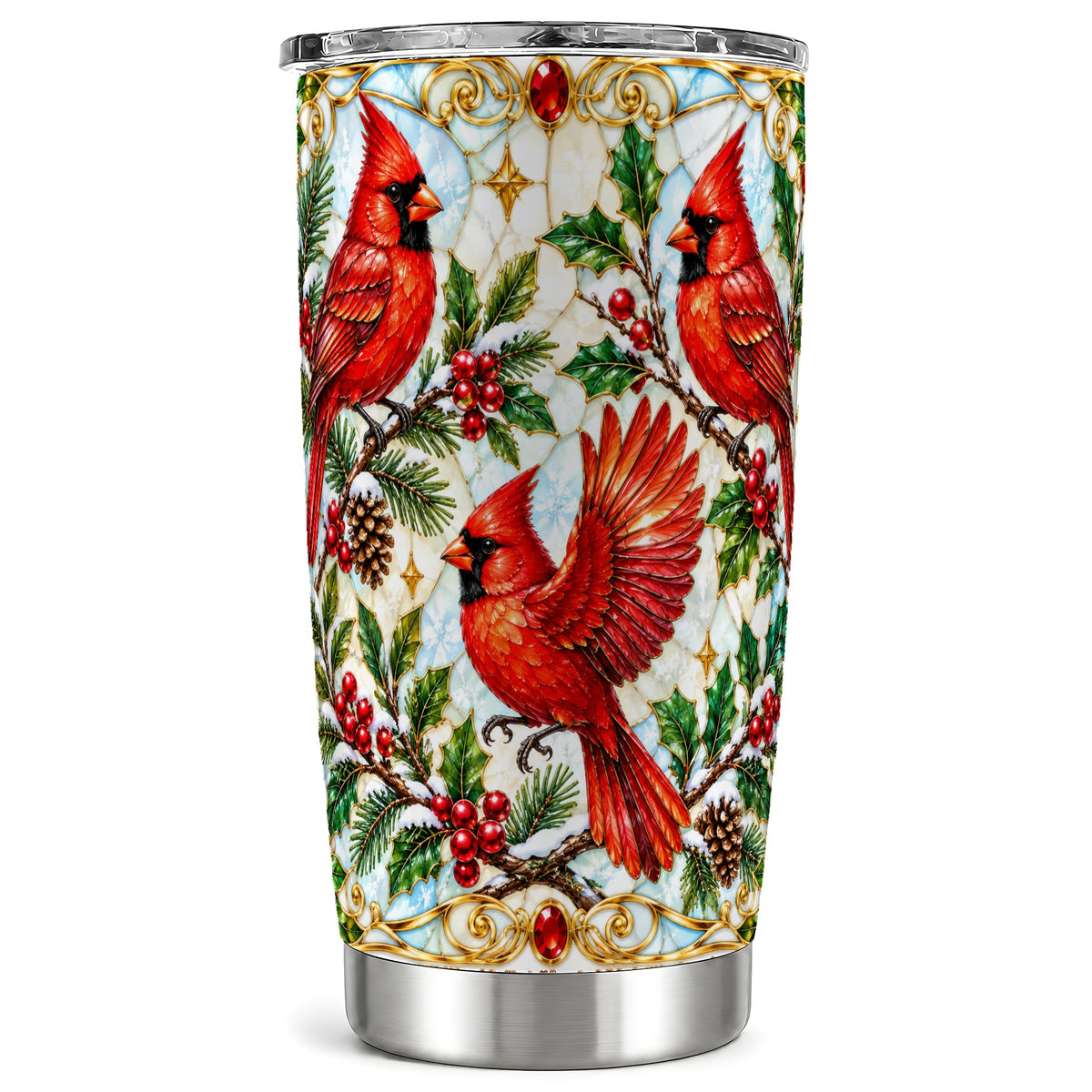 Christmas Cardinals Tumbler 20oz, Bird Tumbler, Stainless Steel Travel Cup