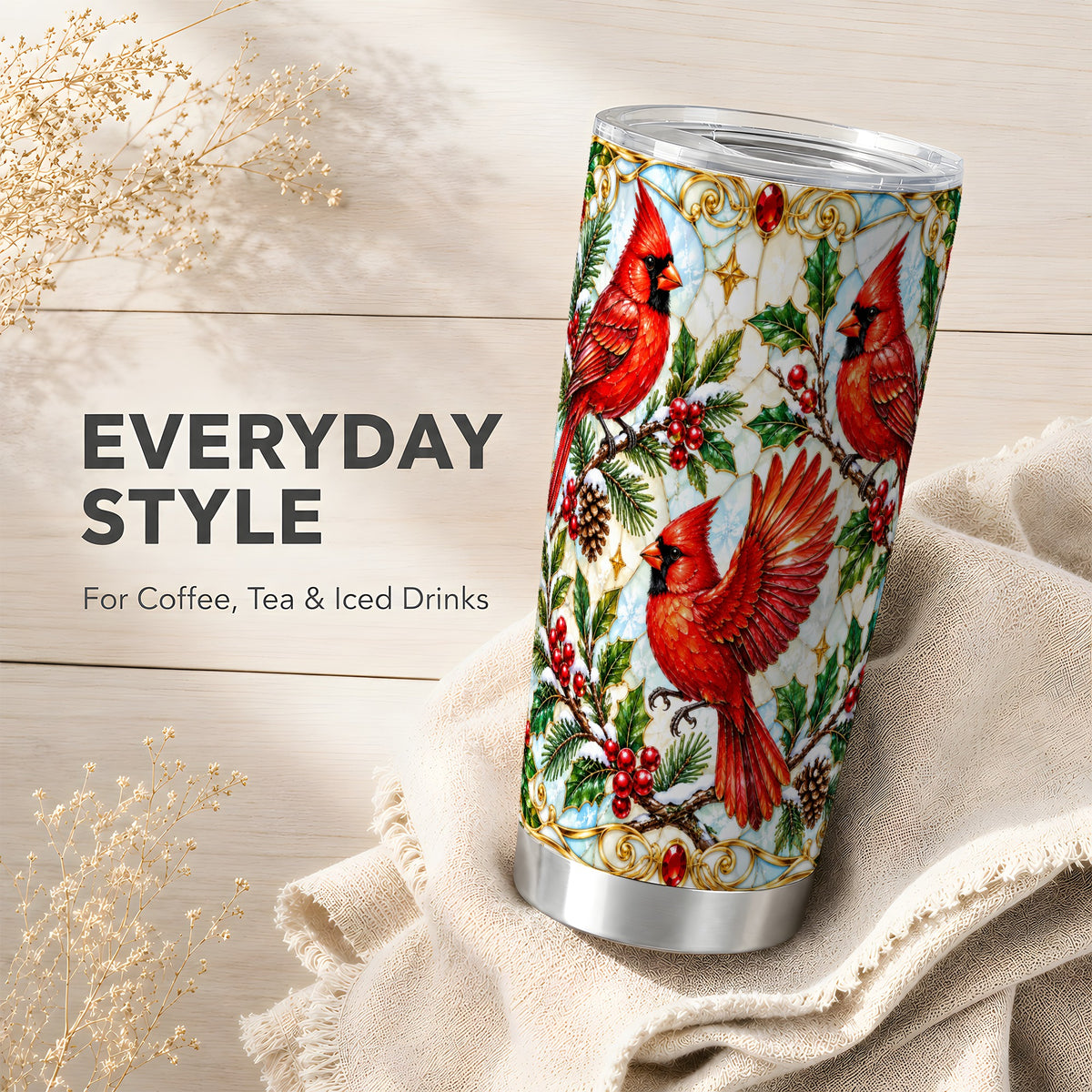 Christmas Cardinals Tumbler 20oz, Bird Tumbler, Stainless Steel Travel Cup