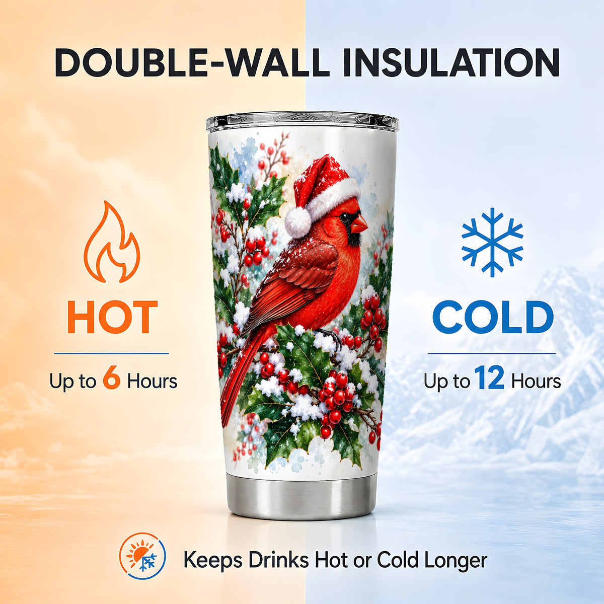 Christmas Cardinal Tumbler 20oz, Bird Tumbler, Stainless Steel Travel Cup