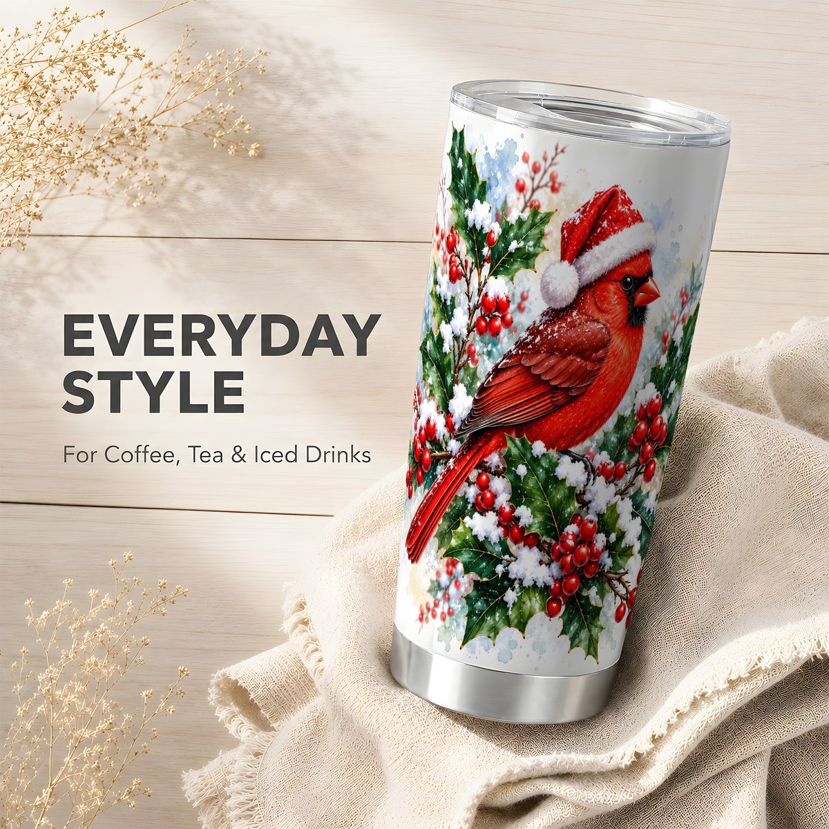 Christmas Cardinal Tumbler 20oz, Bird Tumbler, Stainless Steel Travel Cup