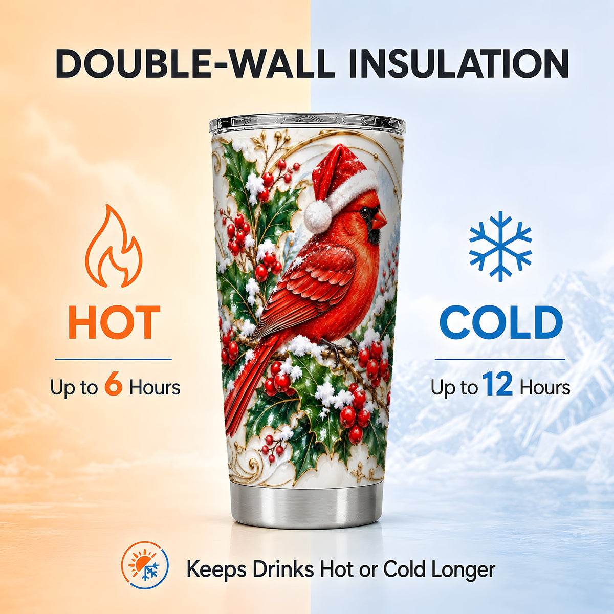 Christmas Cardinal Tumbler 20oz, Bird Tumbler, Stainless Steel Travel Cup