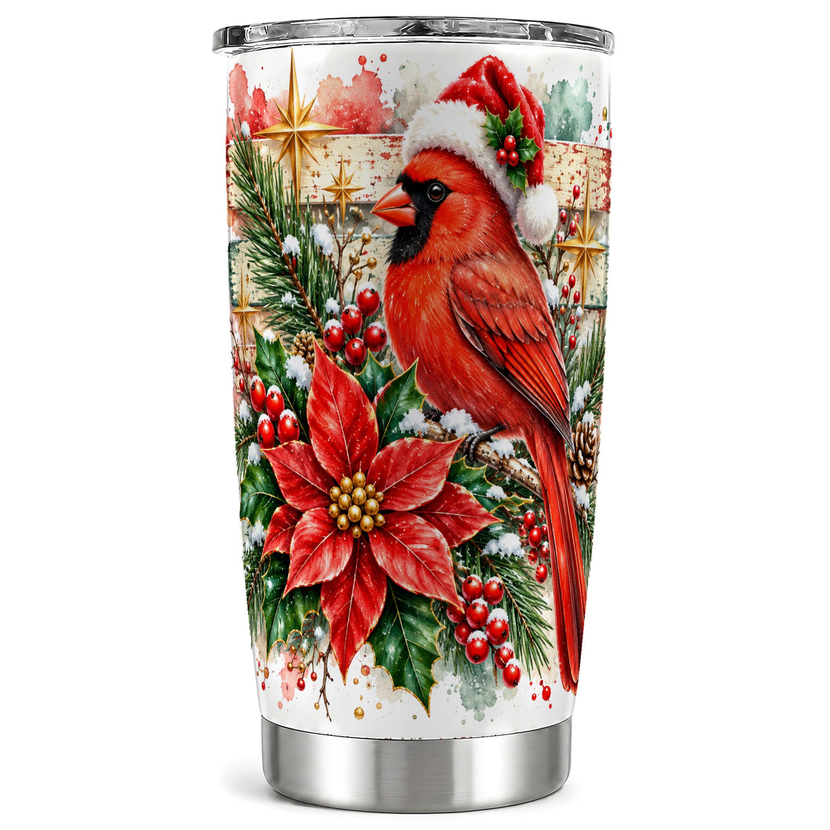 Christmas Cardinal Tumbler 20oz, Floral Stainless Steel Travel Cup